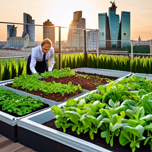 Home 26 **A rooftop garden on a Moscow business center during golden hour.** Employees are smiling and harvesting fresh greens. Focus on the contrast between the modern office building and the lush, organic garden. Include elements like planters made from recycled materials and a view of the Moscow cityscape in the background.