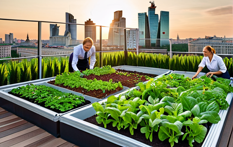 **A rooftop garden on a Moscow business center during golden hour.** Employees are smiling and harvesting fresh greens. Focus on the contrast between the modern office building and the lush, organic garden. Include elements like planters made from recycled materials and a view of the Moscow cityscape in the background.