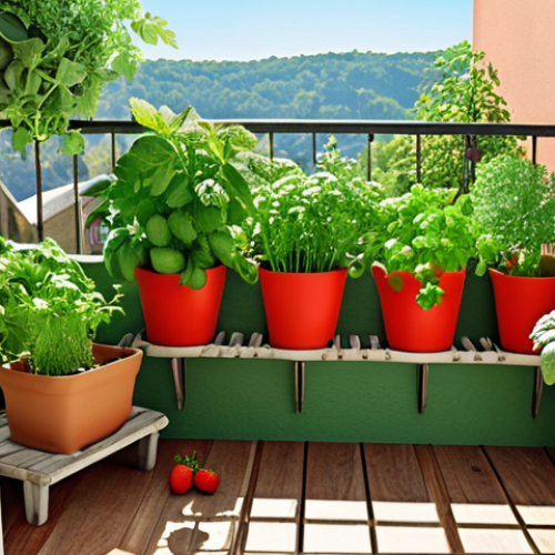 Home 25 A sunny balcony overflowing with lush greenery, including pots of parsley, dill, basil, cherry tomatoes, cucumbers, and strawberries. Vertical planters made from recycled materials add to the vibrant, organized space.