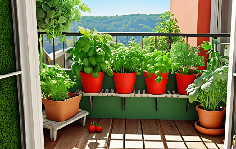A sunny balcony overflowing with lush greenery, including pots of parsley, dill, basil, cherry tomatoes, cucumbers, and strawberries. Vertical planters made from recycled materials add to the vibrant, organized space.
