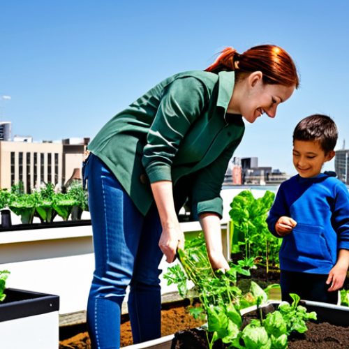 Home 24 A professional urban gardening specialist, fully clothed in modest, practical work attire, stands in a vibrant community rooftop garden, gently assisting a child in planting a small seedling. The diverse group of participants, including adults and children, are fully clothed in appropriate, casual wear, happily engaged in various gardening tasks. The garden features raised beds with lush green vegetables and herbs, set against a backdrop of modern city skyscrapers under a clear, bright sky. The scene captures a sense of collaboration and learning. Perfect anatomy, correct proportions, natural poses, well-formed hands, proper finger count, natural body proportions. Professional photography, high quality, bright natural light. Safe for work, appropriate content, fully clothed, family-friendly.
