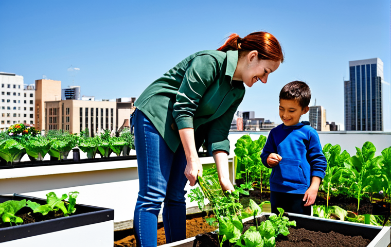 A professional urban gardening specialist, fully clothed in modest, practical work attire, stands in a vibrant community rooftop garden, gently assisting a child in planting a small seedling. The diverse group of participants, including adults and children, are fully clothed in appropriate, casual wear, happily engaged in various gardening tasks. The garden features raised beds with lush green vegetables and herbs, set against a backdrop of modern city skyscrapers under a clear, bright sky. The scene captures a sense of collaboration and learning. Perfect anatomy, correct proportions, natural poses, well-formed hands, proper finger count, natural body proportions. Professional photography, high quality, bright natural light. Safe for work, appropriate content, fully clothed, family-friendly.