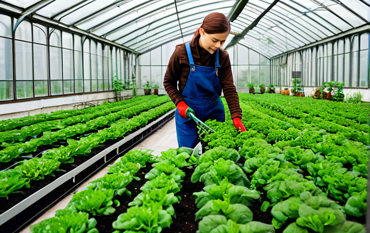 **
"A modern, well-lit greenhouse on a Moscow rooftop, filled with rows of leafy greens and herbs. A woman in her late 20s, wearing practical, fully clothed work attire (overalls and a warm jacket), is carefully tending to the plants. In the background, the cityscape is visible through the glass. Focus on the vibrant colors of the plants and the clean, organized environment. Safe for work, appropriate content, fully clothed, professional, perfect anatomy, natural proportions, high-resolution photography, realistic."
**
