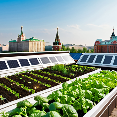 Home 12 **A vibrant rooftop garden in Moscow.** Focus on a diverse array of vegetables and herbs growing in neat rows, with the iconic Moscow skyline in the background. Include elements like raised garden beds, a small greenhouse, and a composting system. The scene should be bathed in warm sunlight, suggesting a productive and sustainable urban oasis.