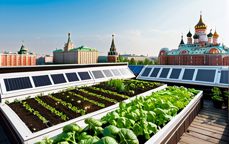 **A vibrant rooftop garden in Moscow.** Focus on a diverse array of vegetables and herbs growing in neat rows, with the iconic Moscow skyline in the background. Include elements like raised garden beds, a small greenhouse, and a composting system. The scene should be bathed in warm sunlight, suggesting a productive and sustainable urban oasis.