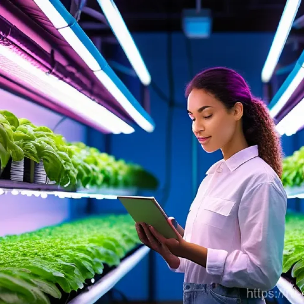 도시농업관리사 이직 인터뷰 준비법 - A professional female urban farmer, in her late 20s, dressed in clean, practical overalls over a t-s...