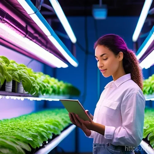 Home 14 도시농업관리사 이직 인터뷰 준비법 - A professional female urban farmer, in her late 20s, dressed in clean, practical overalls over a t-s...