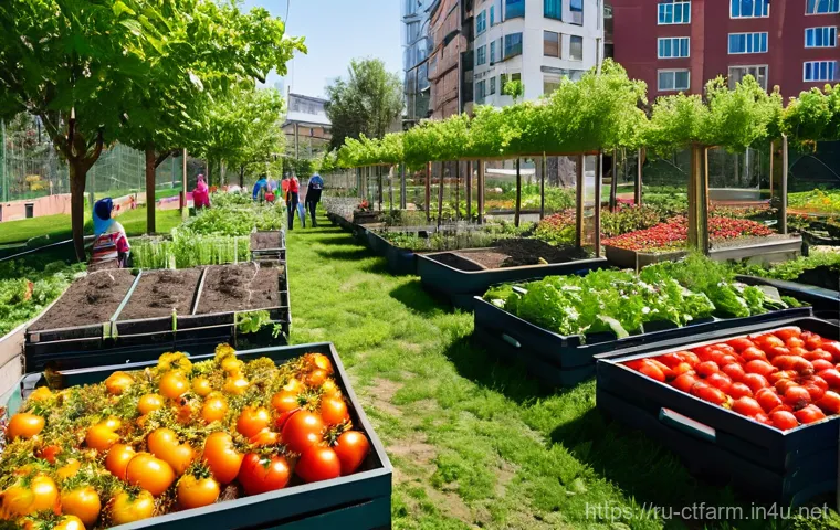 도시농업관리사와 도시 계획의 접점 - **A Vibrant Community Garden in a Modern City:** A diverse group of smiling people, including adults...