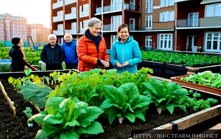 도시농업관리사로서의 사회적 역할 - Photorealistic urban agriculture manager guiding a small group of Russian residents in a community r...