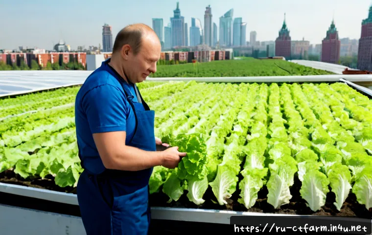 Home 17 도시농업관리사 자격증이 유리한 직업군 - Photorealistic urban agriculture consultant in a modern Moscow rooftop greenhouse, a middle-aged Rus...